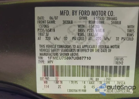 2007 Ford Explorer Limited z USA, uszkodzony, nr VIN 1FMEU75897UB87710